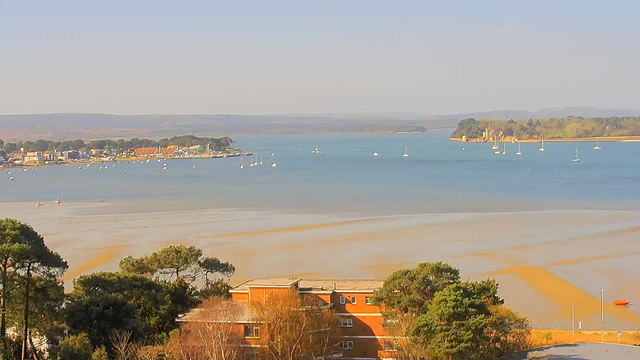 A panoramic view of a calm bay during daylight. The foreground features a low building surrounded by trees. The bay is dotted with small boats and yachts, some anchored and others sailing. In the background, a distant shoreline showcases trees and a gentle landscape, while the sky is clear with light clouds. The water is a mix of blue and sandy tones, reflecting the sun's light.
