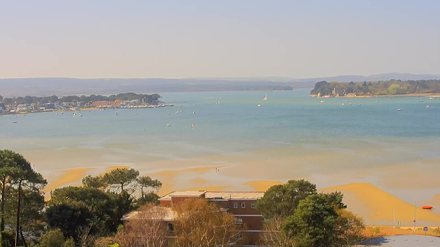 A panoramic view of a coastal area with calm blue waters and sandy shores. In the foreground, there are patches of yellow sand and scattered greenery, including trees. The midground features small boats scattered across the water, with some sailboats visible. In the background, there is a line of buildings along the shore, and further back, rolling hills under a light blue sky. The scene is bright and sunny, suggesting a pleasant day.