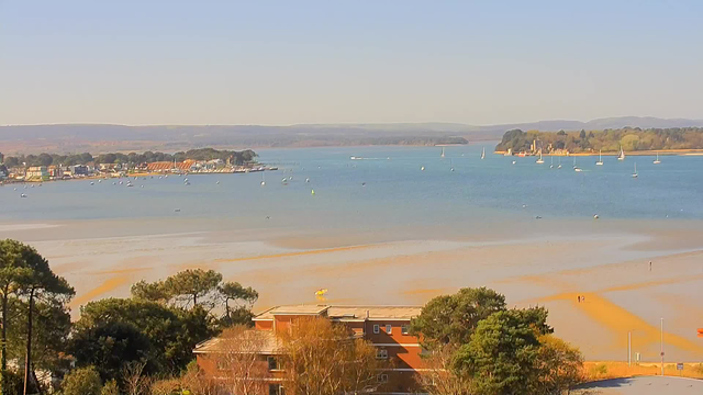 A panoramic view of a bay on a clear, sunny day. The water is calm with several small sailboats scattered across the surface. In the foreground, there are patches of sandy beach revealing shallow waters. On the left, colorful buildings line the shore, and there are trees partially covering the lower section of the image. In the distance, gentle hills can be seen along the horizon. The scene conveys a peaceful coastal environment.