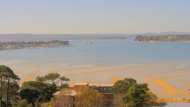 A panoramic view of a calm body of water with a sandy shore, scattered with small boats and sailing vessels of various colors, including red, green, and blue. The backdrop features a shoreline lined with buildings and trees, and distant hills under a clear sky. Some people are walking along the beach, and the water appears shallow in parts, revealing sandy areas.