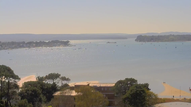 A serene waterfront view is depicted, featuring sparkling water reflecting sunlight. Trees line the foreground, with some foliage obscuring parts of the scene. In the distance, a shoreline with a sandy beach curves along the water's edge, and several small boats are scattered across the bay. The background includes gentle hills and a clear blue sky.