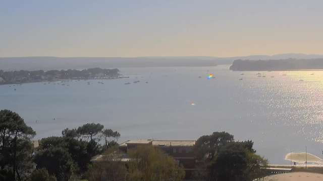 A serene view of a calm body of water under a clear sky, with small boats scattered throughout. In the foreground, there are trees and a building partially visible. The sunlight reflects on the water, creating sparkles. The distant shoreline features more buildings and greenery, with gentle hills rising in the background.