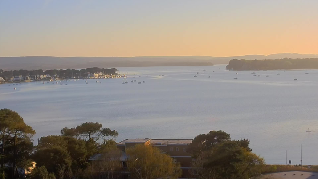 A serene view of a calm waterbody, reflecting golden hues of a sunset. Numerous small boats are scattered across the water, some sailing while others are anchored. In the background, rows of trees line the shore, and faint hills rise in the distance. Closer to the foreground, there's a low building with some greenery around it. The scene conveys a peaceful, tranquil atmosphere.