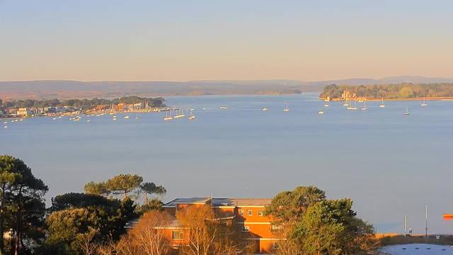A serene view of a calm body of water surrounded by land. Numerous small boats are moored along the shoreline, which features buildings and trees. In the distance, rolling hills can be seen under a clear sky, indicating a bright and peaceful day. The foreground includes some greenery and structures.