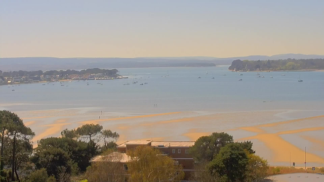 A panoramic view of a calm bay under a clear blue sky. In the foreground, there are patches of light sand and shallow water, with gentle ripples. A few trees and buildings are visible near the shore. In the distance, various boats are anchored, and there are green hills on the horizon. The scene conveys a peaceful atmosphere with soft lighting.