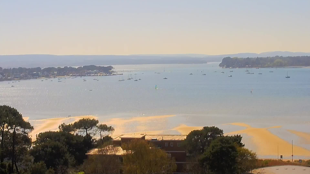 A serene view of a bay with calm waters reflecting sunlight. Numerous small boats are scattered across the water. In the foreground, sandy areas emerge from the water, with a few people walking along the shore. The background features a distant shoreline with trees and buildings. The sky above is clear and bright, enhancing the tranquil atmosphere of the scene.