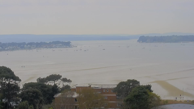 A serene view of a river or estuary with a light-colored, calm water surface. In the foreground, there are patches of greenery from trees and a building with a flat roof. The background features low hills and a distant shoreline dotted with small boats and houses. The sky is overcast with a light grayish hue, adding a muted tone to the overall scene.
