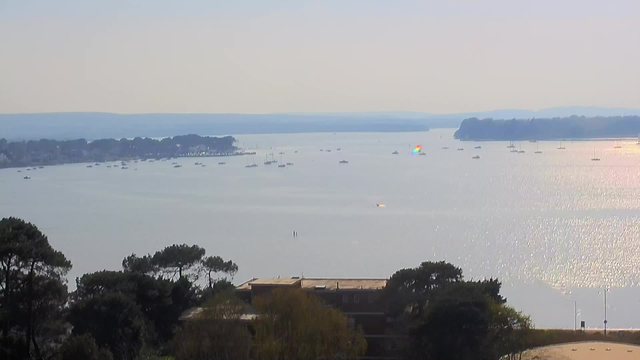 A panoramic view of a calm body of water with sparkling reflections. Numerous small boats are scattered across the water, some closer to the shoreline. In the background, gentle hills line the horizon under a bright sky. There are trees in the foreground, framing the scene, along with a building partially visible near the bottom of the image.