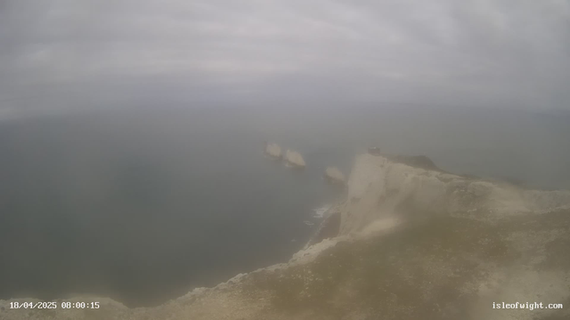 A coastal view featuring cliffs along the edge of the ocean. The scene shows large, rock formations just offshore, partially submerged in water. The sky is overcast with a grayish hue, and the atmosphere appears misty, creating a soft, muted appearance overall. The foreground includes grassy terrain leading up to the cliffs, while the ocean stretches out toward the horizon.
