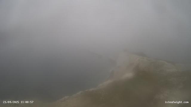 A foggy scene overlooking a body of water, with blurred edges and muted colors. The visibility is low, making the landscape appear indistinct. There are rocky formations and a damp, grassy area in the foreground, but the details are obscured by the thick mist. The date and time displayed in the lower left corner indicate April 21, 2025, at 11:00:57.