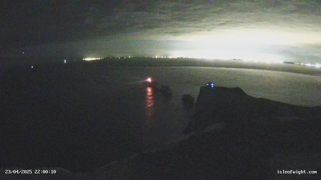 A dark scene capturing the coastline at night. The water appears dark with some rippling reflections. To the left, there are small lights, likely from nearby boats or ships, dotting the water. The shore is partially visible, with a rocky outcrop and what seems to be a person or structure with blue lights on top. In the distance, the horizon is illuminated by city lights, creating a faint glow against the cloudy night sky.