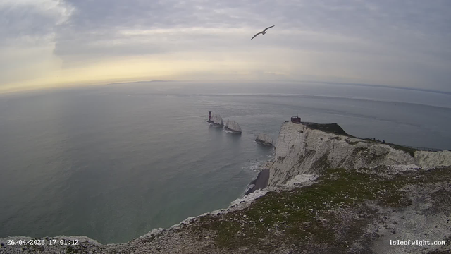 A view of white chalk cliffs overlooking the ocean, with several sailboats sailing near the cliffs and a lighthouse in the distance. A seagull is flying above the scene, and the sky is partly cloudy with a hint of sunlight on the horizon. There are some people walking along the top of the cliffs. The date and time are displayed in the bottom left corner, and a website is shown in the bottom right corner.