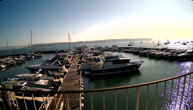 A marina filled with numerous yachts and boats docked along wooden piers, with calm water reflecting sunlight and a distant shoreline visible under a clear sky.