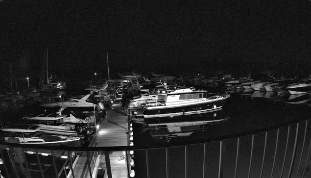 A black-and-white image of a marina at night showing boats docked along a pier, with some lights reflecting on the calm water. The scene is viewed from behind a railing at the foreground.