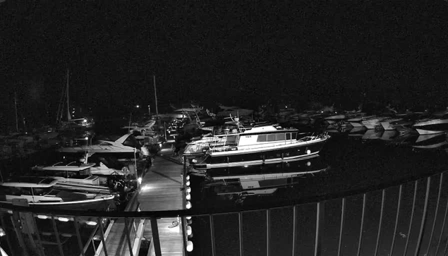A black-and-white image of a marina at night shows several boats and yachts docked along the pier. The scene is dark, illuminated by few small lights, with calm water reflecting the boats. A metal railing curves across the foreground.