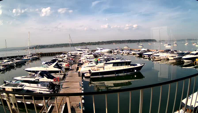 A marina filled with numerous boats and yachts docked along a wooden pier. The water is calm, reflecting the boats and the partly cloudy sky overhead. In the background, there is a distant shoreline with green trees. A black railing is visible in the foreground, indicating the photo was taken from a vantage point overlooking the marina.