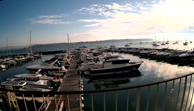 A marina with multiple boats docked along wooden piers extending into calm water. Sailboats and motorboats are moored, with their reflections visible on the water's surface. The sky is partly cloudy with the sun low, casting a gentle light over the scene. A metal railing is in the foreground, framing the view. In the distance, there is a shoreline with more boats and some land visible on the horizon.