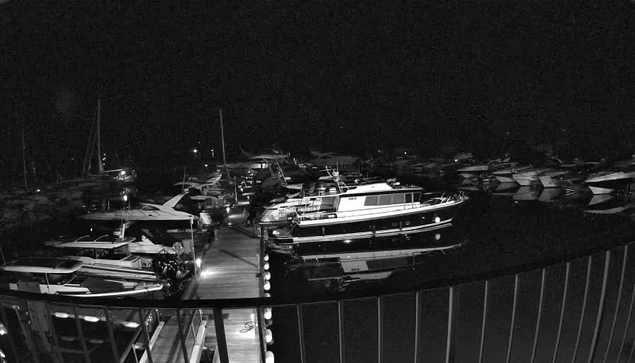 A nighttime scene of a marina with several boats docked along piers. The image is in black and white, and small lights illuminate parts of the boats and the dock area. The water appears calm, and the boats vary in size and design. A railing is visible in the foreground.