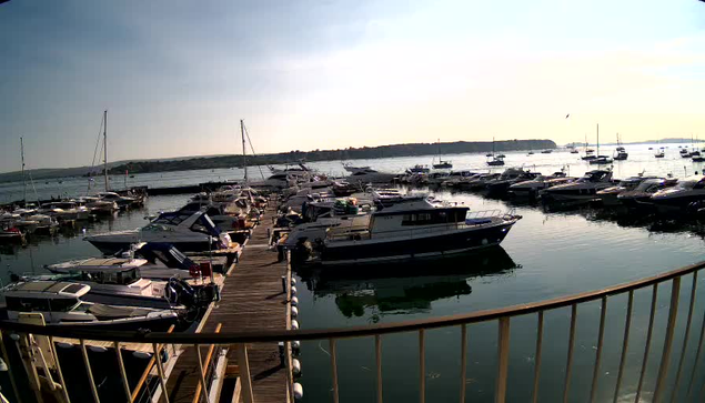 A marina filled with various boats and yachts docked along wooden piers, with calm water reflecting the vessels. The sky is partly cloudy with soft light, and there is a distant shoreline with low hills in the background. A curved metal railing is in the foreground.