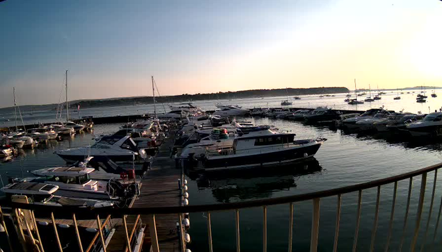 A marina filled with numerous boats and yachts docked along wooden piers, with calm water reflecting the vessels. In the background, there is a distant shoreline and a clear sky with the sun either setting or rising, casting a soft light over the scene. A curved railing runs along the foreground.