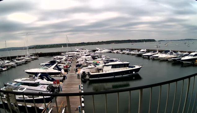 A view of a marina with multiple boats docked along wooden piers. The boats vary in size and type, with some featuring cabins and others open decks. The water is calm, and there are additional boats visible in the distance across a large body of water. The sky is overcast with gray clouds. A railing is visible in the foreground. In the background, a tree-lined shoreline extends across the horizon.