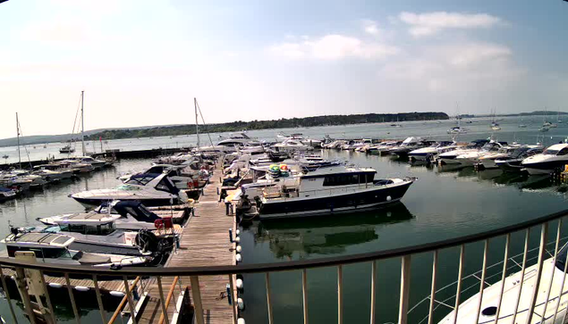 A marina with multiple boats docked along wooden piers extending into calm water. The boats vary in size, with some having covered cabins and others open. The sky is partly cloudy, and a distant shoreline with trees is visible in the background. A metal railing curves along the edge of the dock in the foreground.