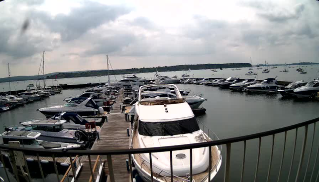 A marina filled with numerous boats and yachts docked along wooden piers. The boats vary in size, with some having covered seating areas and others open. The water is calm, and a cloudy sky hangs overhead, suggesting an overcast day. A black railing is visible in the foreground, framing the scene.