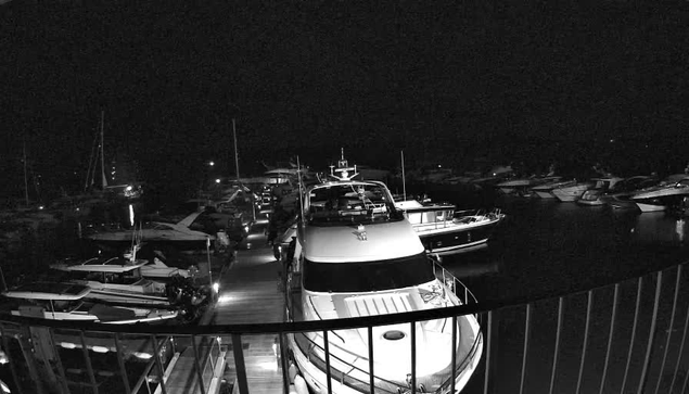 A nighttime scene at a marina with multiple boats and yachts docked along piers. Several boats are visible, with their outlines lit by small lights, and a railing in the foreground. The background is dark, with no additional details visible beyond the boats.