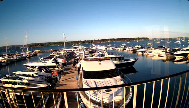 A marina filled with numerous boats docked along wooden piers under a clear blue sky. A large yacht is prominently positioned in the foreground, with other smaller boats and sailboats stretching into the distance, creating a peaceful harbor scene. In the background, a tree-lined shoreline is visible.
