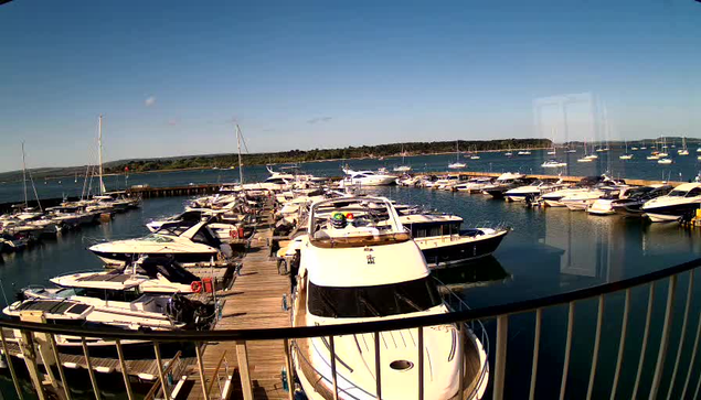 A marina filled with many boats and yachts docked along wooden piers. The sky is clear and blue, with a distant shoreline covered in trees in the background. The photo is taken from a vantage point behind a curved railing.