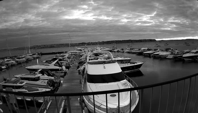 A black-and-white photo of a marina with numerous boats docked along wooden piers. Several yachts and smaller boats are moored, with a large yacht prominently in the foreground. In the background, there is a body of water extending to a distant shoreline with low hills or cliffs under a cloudy sky. A railing is visible in the lower foreground.