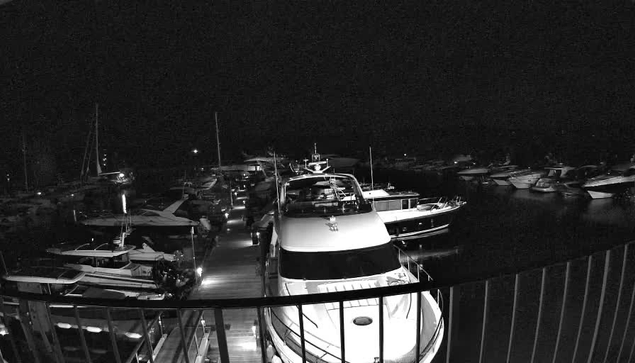A black-and-white photo of a marina at night showing several boats and yachts docked along the pier. The boats vary in size, with some large yachts in the center and smaller boats on either side. The marina is illuminated by small lights along the dock, casting light on the water and boats. In the foreground, a railing runs across the bottom of the image.
