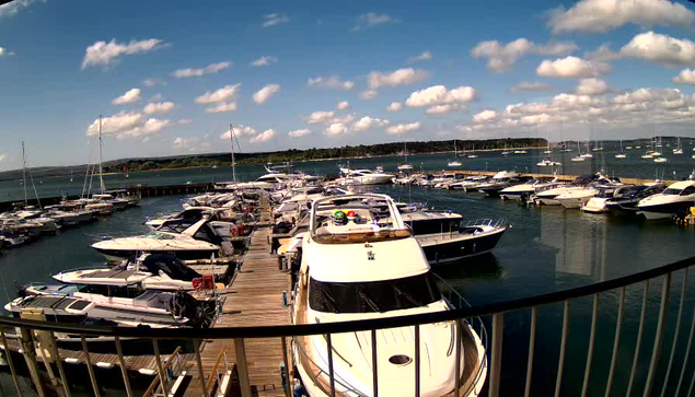 A marina filled with numerous boats and yachts docked along wooden piers extends into a calm harbor. The sky is bright blue with scattered white clouds, and a distant shoreline with greenery is visible in the background. The photo appears to be taken from a vantage point behind a black metal railing.