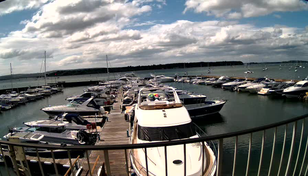 A view of a marina with numerous boats and yachts docked along a wooden pier. The water is calm, and the sky above is partly cloudy with patches of blue. In the foreground, a curved metal railing is visible, indicating the photo was taken from a vantage point overlooking the marina. In the background, a distant shoreline can be seen with a line of trees.