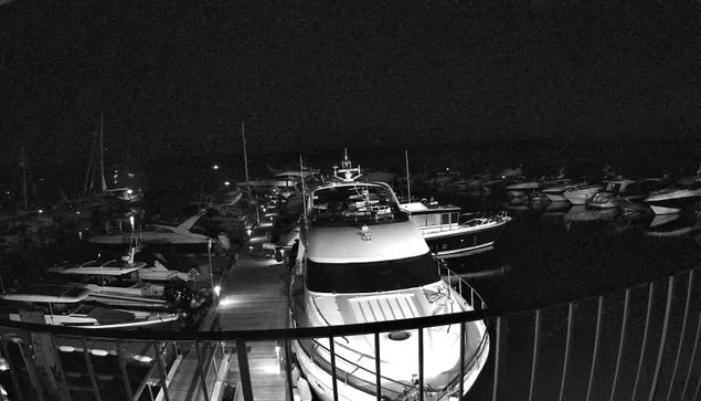 A black and white image of a marina at night shows several yachts and boats docked along the piers. The boats are illuminated faintly, with one large yacht prominently centered in the foreground. The marina is surrounded by dark water, and there are a few distant lights visible against the night sky. A metal railing curves along the foreground, partially framing the scene.