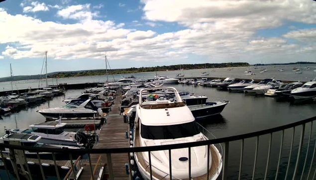 A marina with several sailboats and motorboats docked along wooden piers on a calm body of water. The boats are arranged in parallel rows, with some boats sporting colorful life rings and equipment on their decks. In the background, a distant shoreline with trees is visible under a partly cloudy sky with patches of blue. A metal railing runs across the foreground of the image.