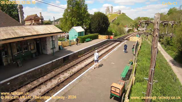 A small train station platform with a few people standing and walking. There is a building with a sloped roof and chimneys on the left, and a green shed and fencing in the background. The train tracks run through the center of the image, with some vegetation and a hill with ruins on top in the distance. The sky is partly cloudy with blue patches. A wooden utility pole with multiple light fixtures is on the right side of the platform. There are green benches and a luggage cart on the platform.