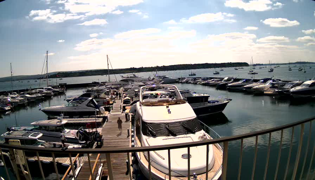 A marina filled with various boats and yachts docked along wooden piers, with a few people walking on the dock. The water is calm, and there are more boats anchored further out in the harbor. The sky is partly cloudy with patches of sunlight.