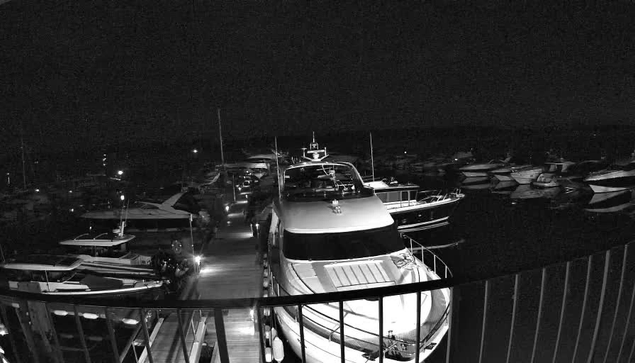 A black-and-white image of a marina at night, showing several boats docked closely together. A large yacht is centered in the foreground, with smaller boats on either side. The scene is viewed from an elevated position behind a metal railing, with faint distant lights visible on the horizon.