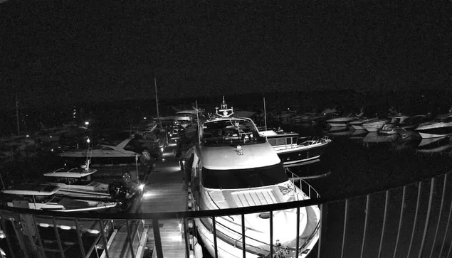 A black and white image of a marina at night with several boats and yachts docked along the piers. The view is from an elevated position behind a metal railing, overlooking the boats. The scene is dark, with some boat lights visible.
