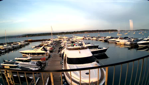 A marina filled with numerous boats and yachts docked along wooden piers, with calm water reflecting the vessels. In the background, a distant shoreline and a tall, modern building are visible under a partly cloudy sky.