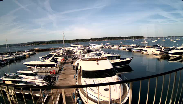 A marina filled with numerous white and dark-colored boats docked along wooden piers extends into calm water, with a distant tree-lined shoreline under a bright blue sky with wispy clouds.