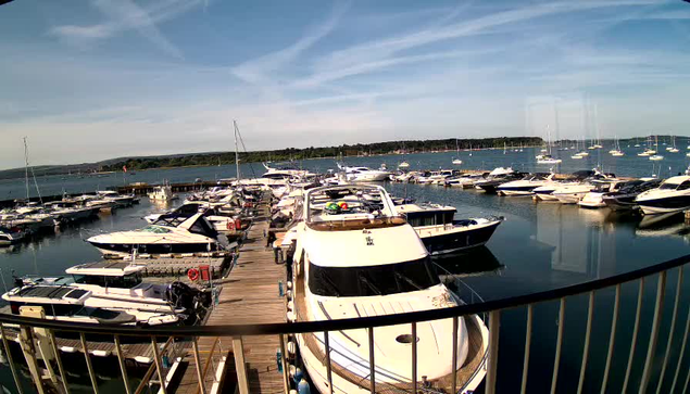 A view of a marina filled with numerous white yachts and boats docked along wooden piers. The water is calm, reflecting the boats, and the sky above is clear with some wispy clouds. In the foreground, there is a curved black railing. In the background, a distant shoreline with greenery can be seen under a bright, blue sky.