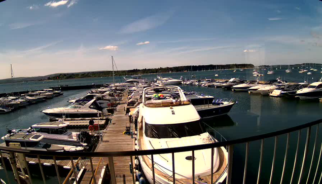 A view of a marina filled with various boats and yachts docked along wooden piers. The water is calm and reflects the boats, with a clear blue sky overhead. In the background, there is a distant shoreline with some greenery and low hills. The photo is taken from a vantage point behind a black metal railing.