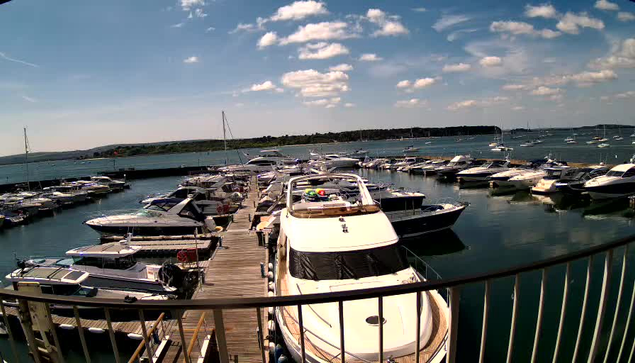 A marina filled with numerous boats docked along wooden piers. The boats vary in size and design, with some having covered cabins and others being open. The water is calm, reflecting the clear blue sky with scattered clouds. In the background, there is a distant shoreline with greenery and a few structures, under bright daylight. The photo is taken from a vantage point behind a black metal railing.