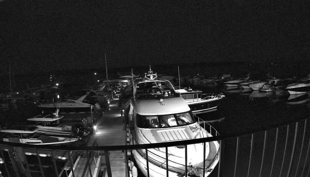 A black-and-white image of a marina at night showing a row of boats and yachts docked along a pier. The boats vary in size, with some large motor yachts in the foreground and smaller vessels further back. The scene is dark, with only some faint lights illuminating parts of the boats and the pier. A metal railing curves along the lower edge of the image.