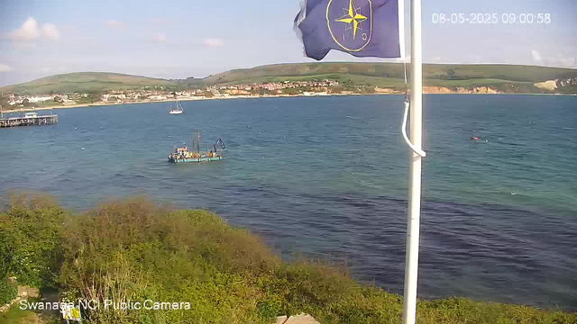 A scenic view of a coastal area with a body of water in the foreground, where a small boat and a floating platform are visible. In the background, there are green hills and a few buildings along the shoreline. A flagpole with a flag displaying a compass rose symbol partially blocks the view. The image is timestamped "08-05-2025 09:00:58" and labeled "Swansea NC Public Camera."
