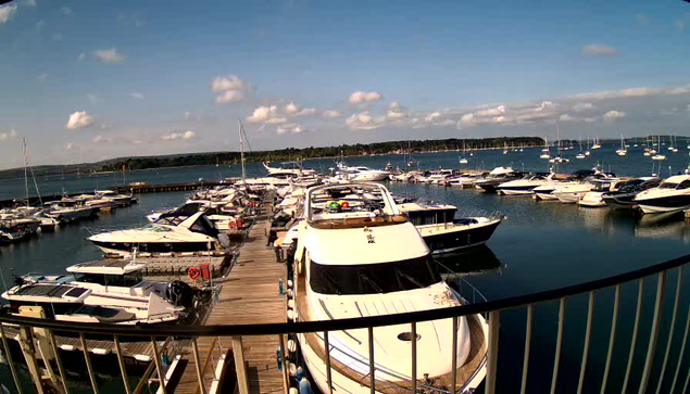 A marina with a wooden dock extending into calm waters, filled with numerous white and dark-colored yachts and sailboats moored on both sides. The sky is partly cloudy with patches of blue, and a distant shoreline with green trees is visible in the background. There is a metal railing in the foreground.