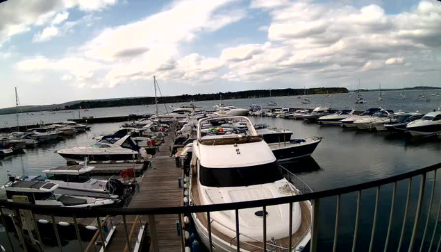 A marina filled with numerous white and dark-colored boats and yachts docked along wooden piers, with calm water and a partly cloudy sky overhead.