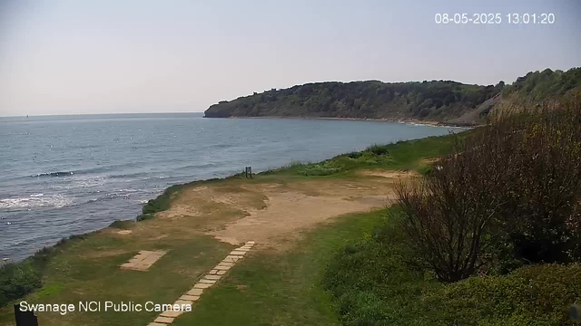 A scenic view of a coastal area with a grassy and sandy path leading towards the water. The sea is calm with gentle waves, and there is a distant headland covered in trees against a clear sky. A small sign is visible near the water's edge, and a bush with reddish-brown leaves is on the right side of the image. The timestamp in the top right corner indicates the date and time as August 5, 2025, at 13:01:20. The bottom left corner has text reading "Swanage NCI Public Camera."